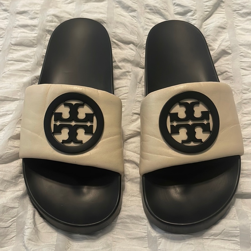 Tory Burch leather black and white slides size 9